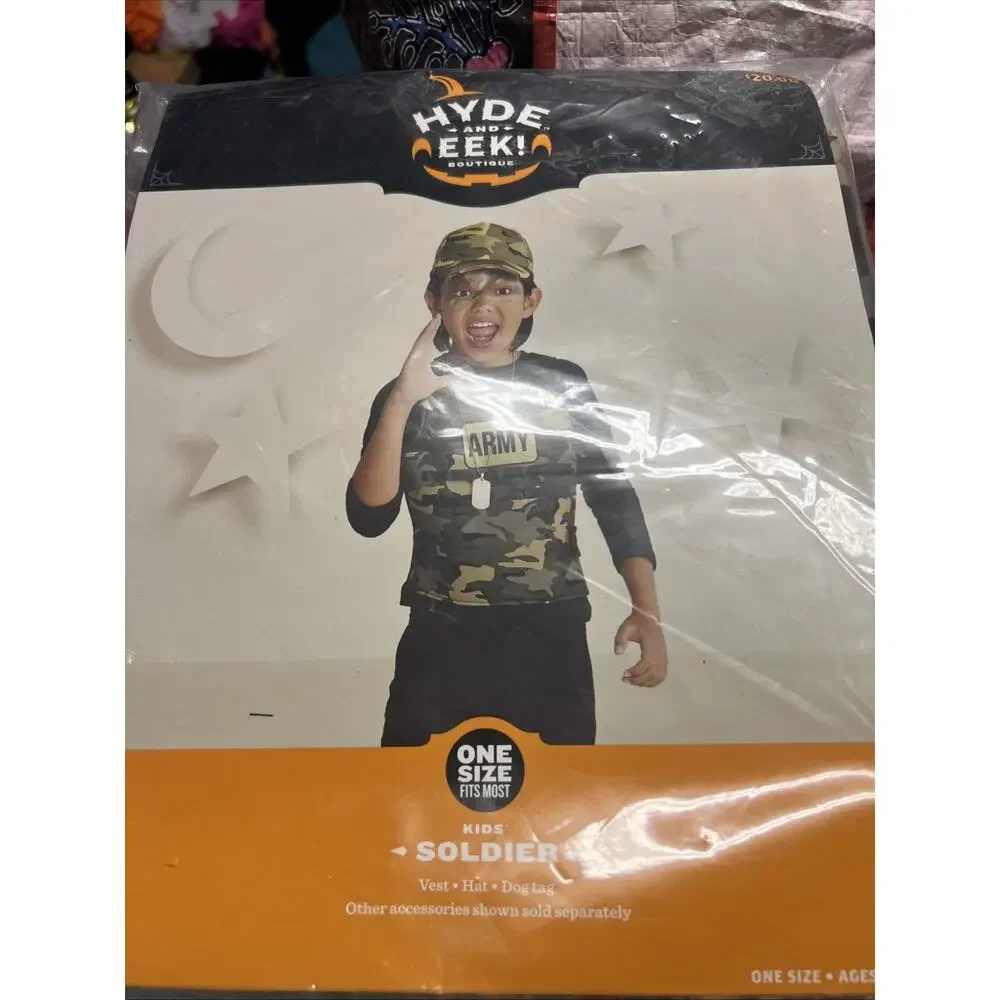 Kid's Army Solider Halloween Costume Kit Vest Hat Dog Tag Child One Size